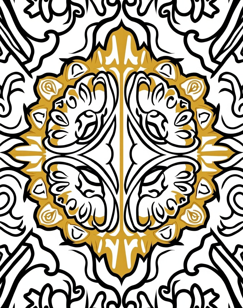 Gold and Black Symmetrical Floral Medallion Rug