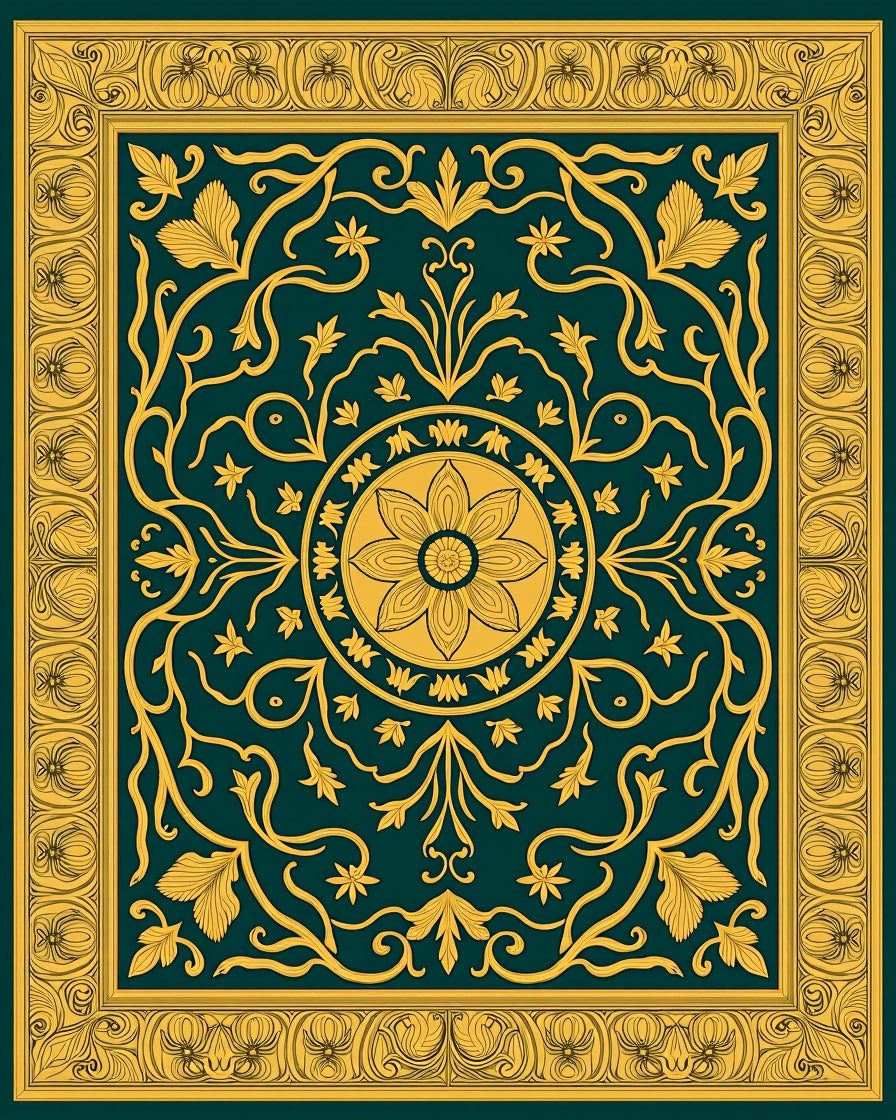 Emerald Gold Floral Medallion Framing Rug