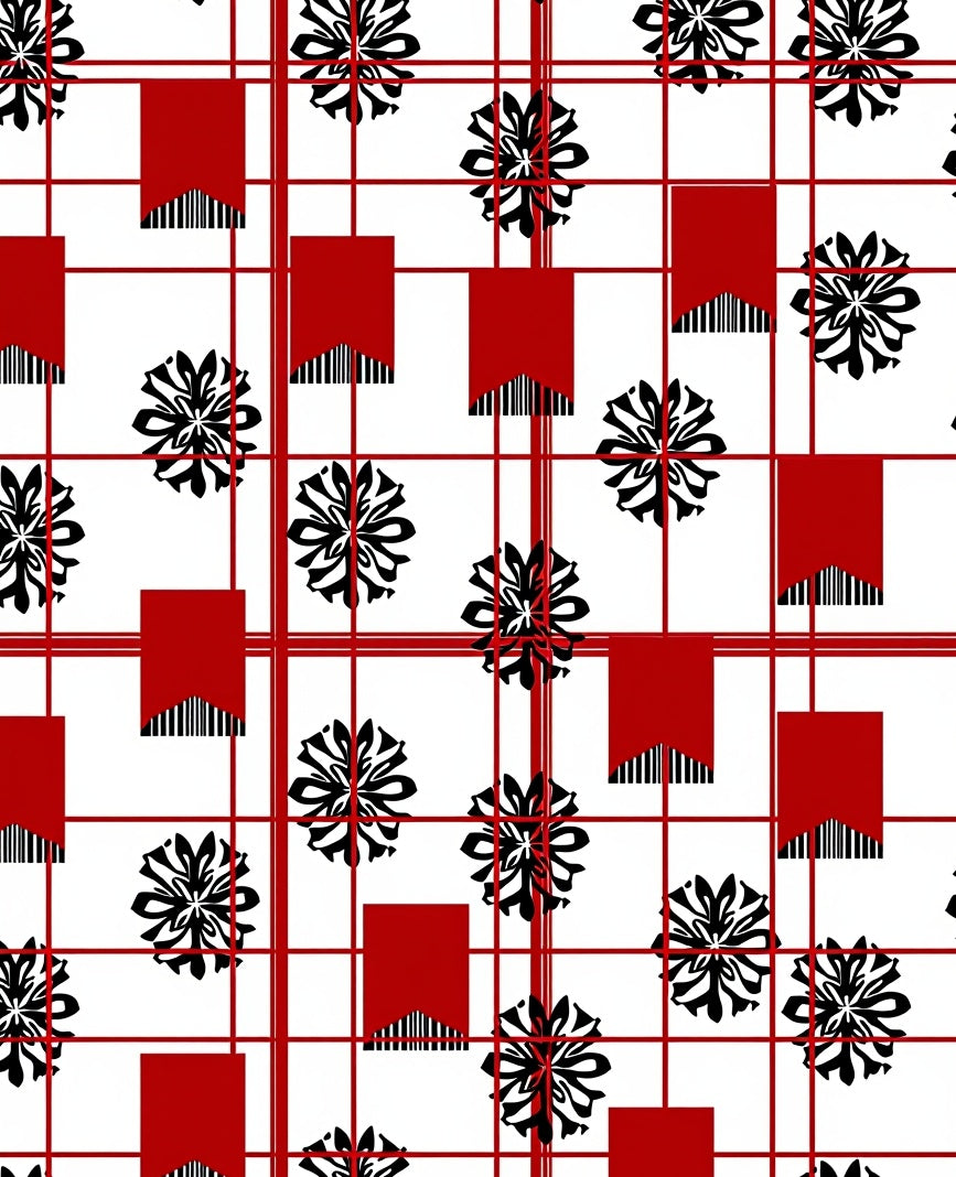 Red White Black Floral Grid Elements Rug