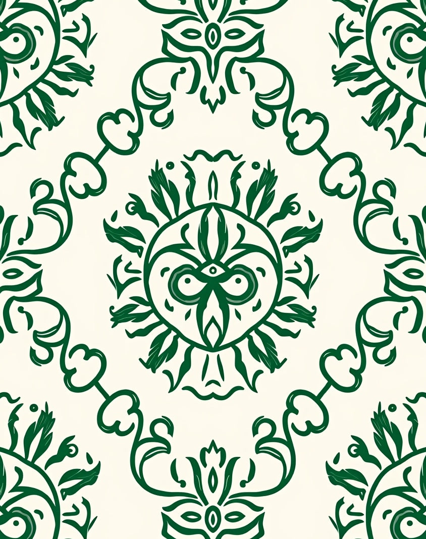 Forest Green Floral Swirl Medallion Rug