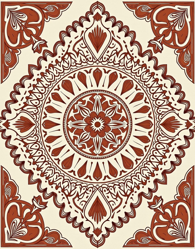 Terracotta Medallion Corner Radiating Folk Art Rug
