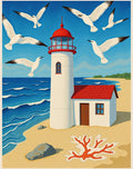 Coastal Seaside Lighthouse Seagull Scene Rug