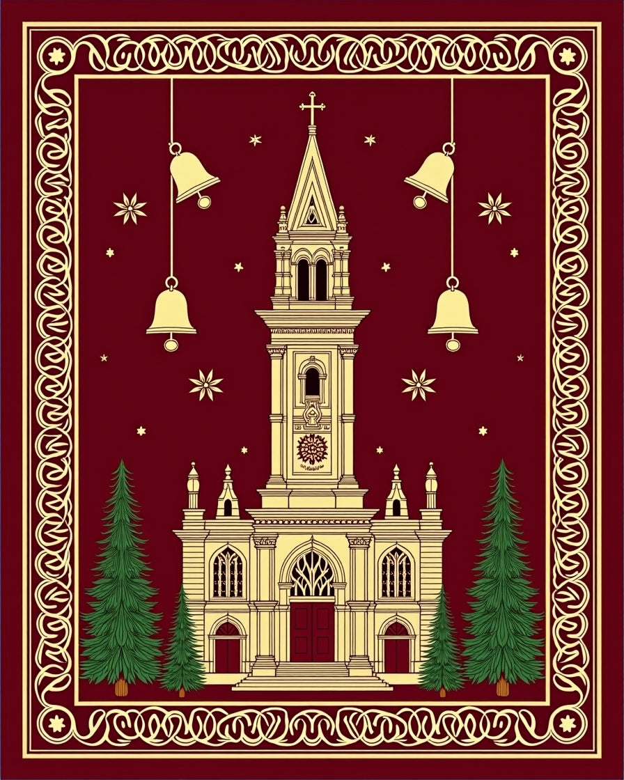 Crimson Church Bells Pine Trees Rug