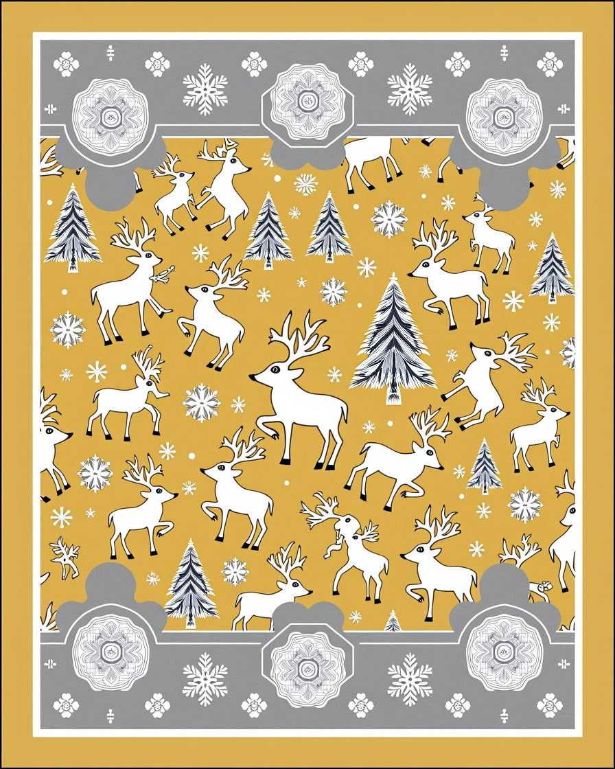 Gold White Deer Snowflakes Forest Border Rug