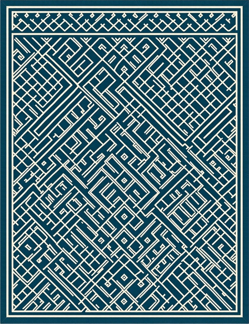Deep Blue Geometric Maze Labyrinth Rug