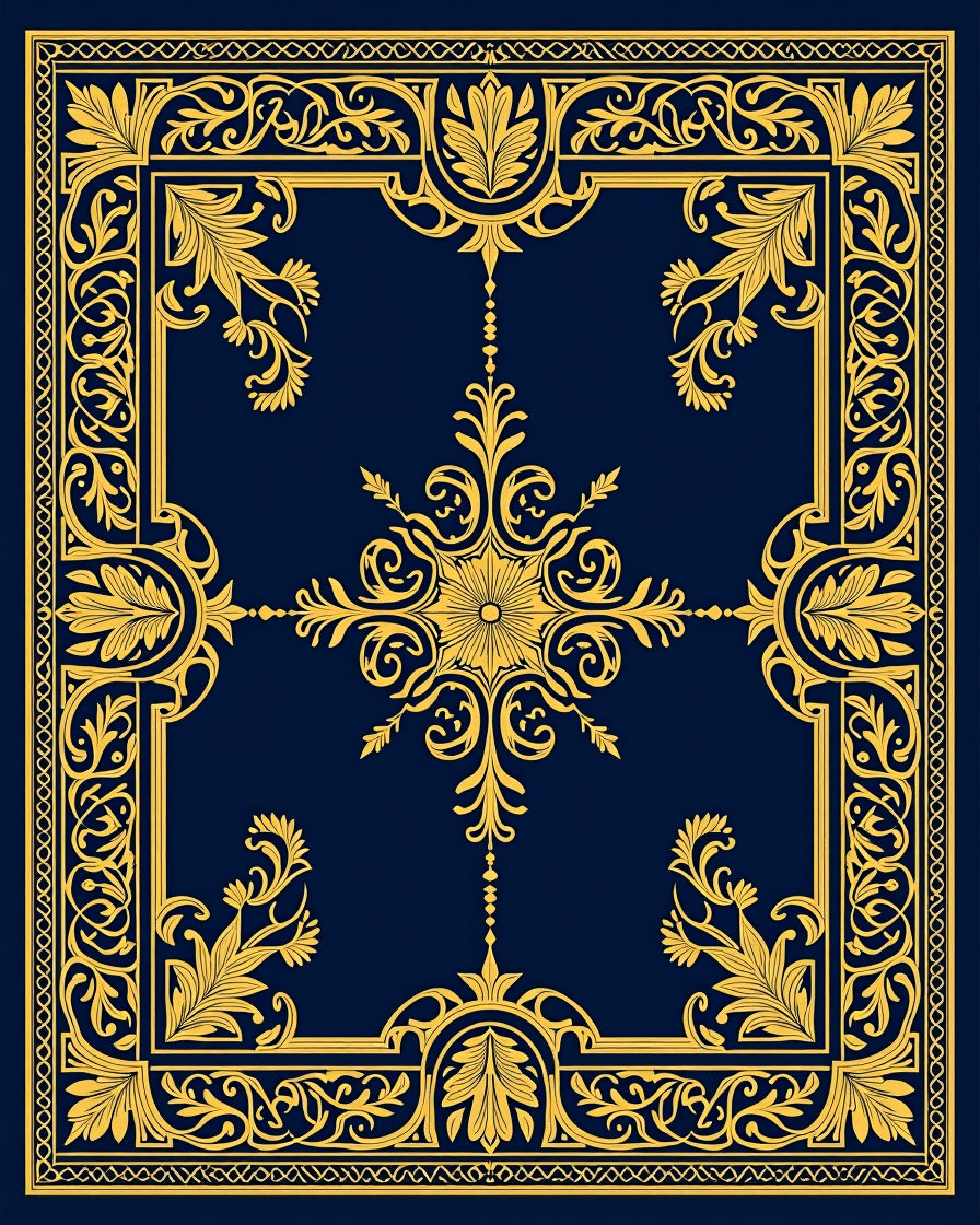 Golden Navy Floral Frame Rug