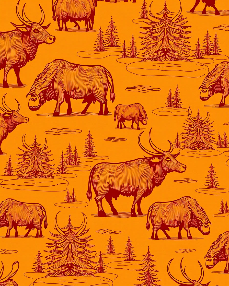 Rustic Bison Forest Orange Landscape Rug