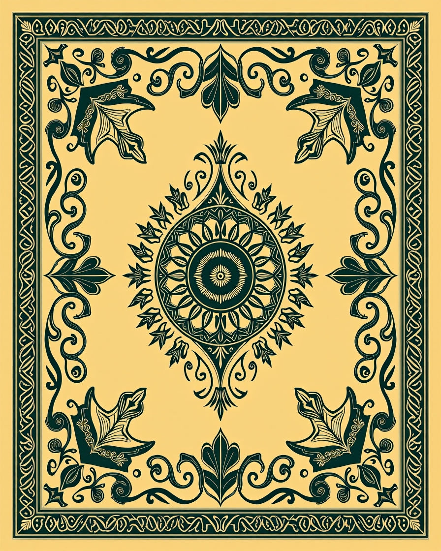 Golden Teal Floral Medallion Border Rug