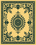 Golden Teal Floral Medallion Border Rug