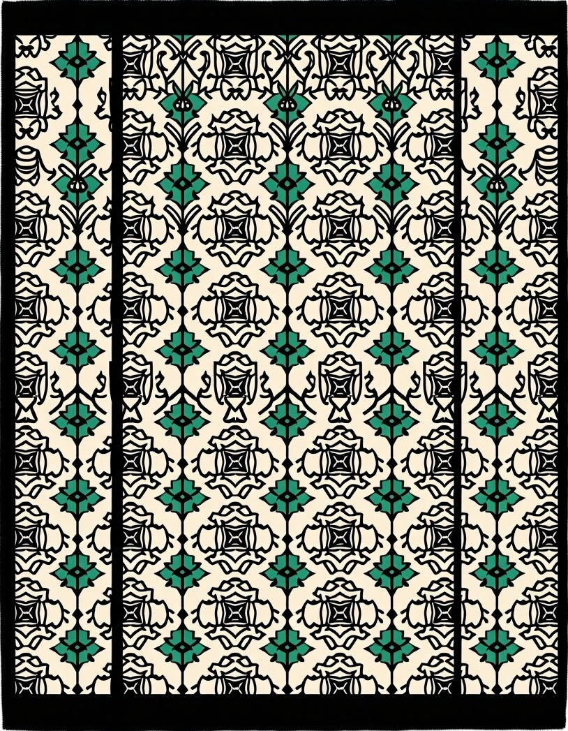 Cream Black Teal Damask Tile Rug