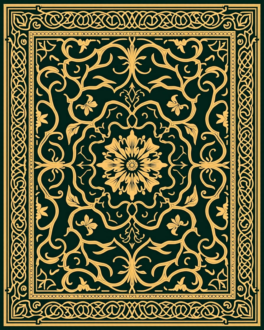 Ornate Gold Floral Medallion Emerald Rug
