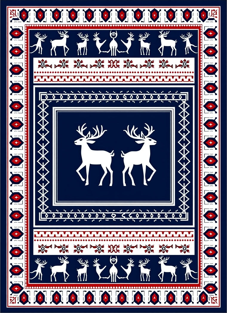 Navajo Blue White Red Deer Border Rug