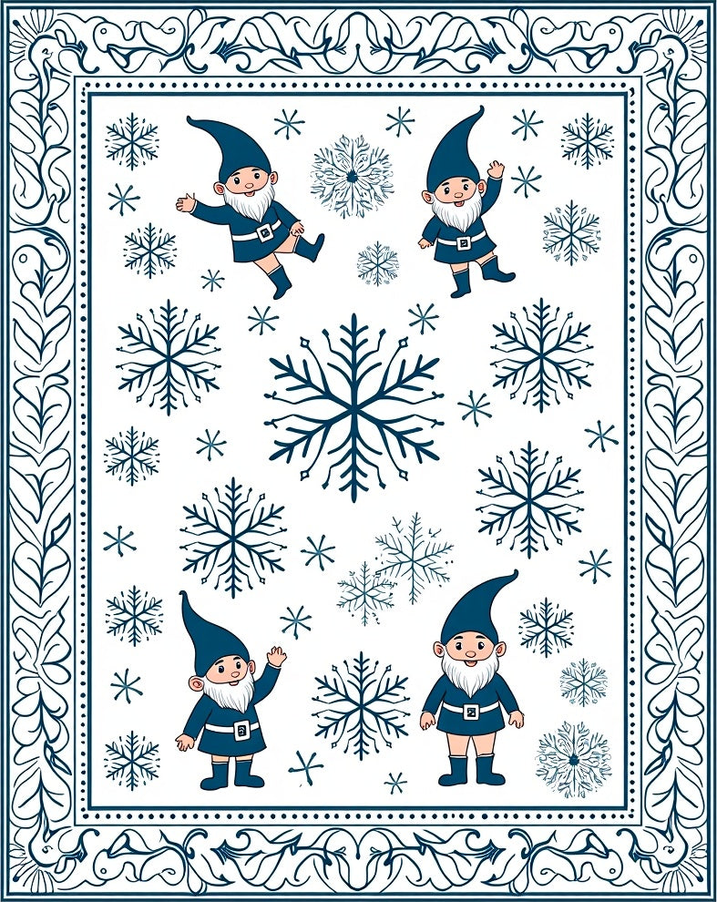 Charming Blue Gnomes Snowflake Winter Border Rug
