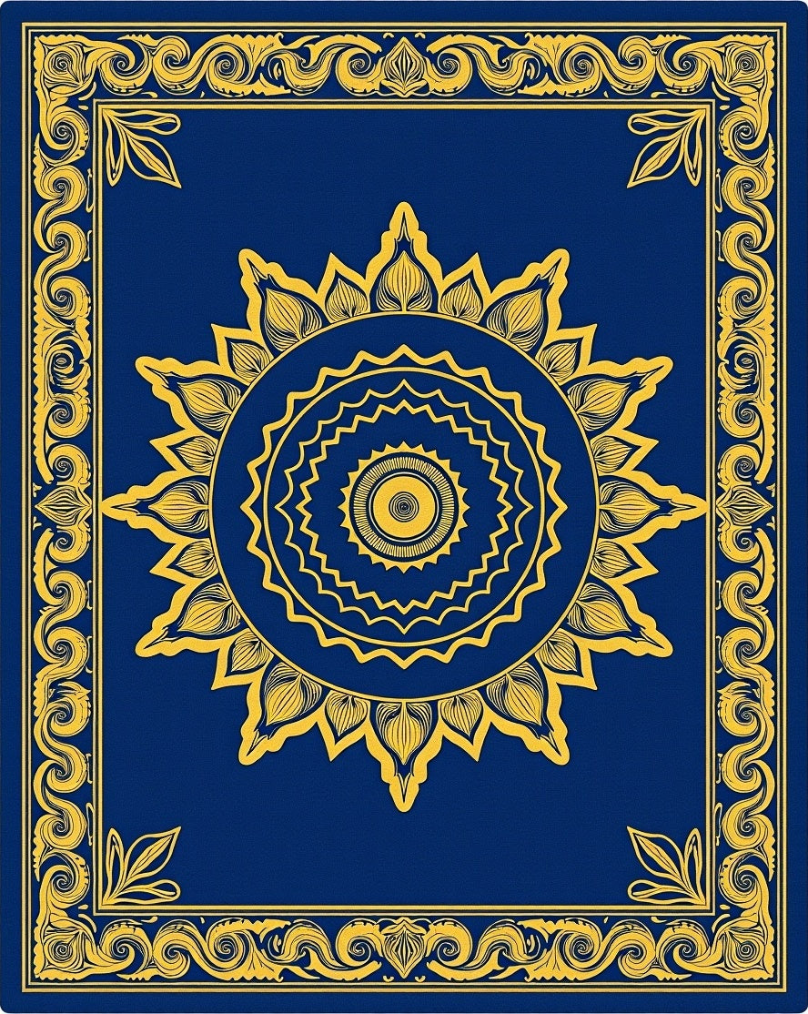 Deep Blue Golden Sun Medallion Border Rug