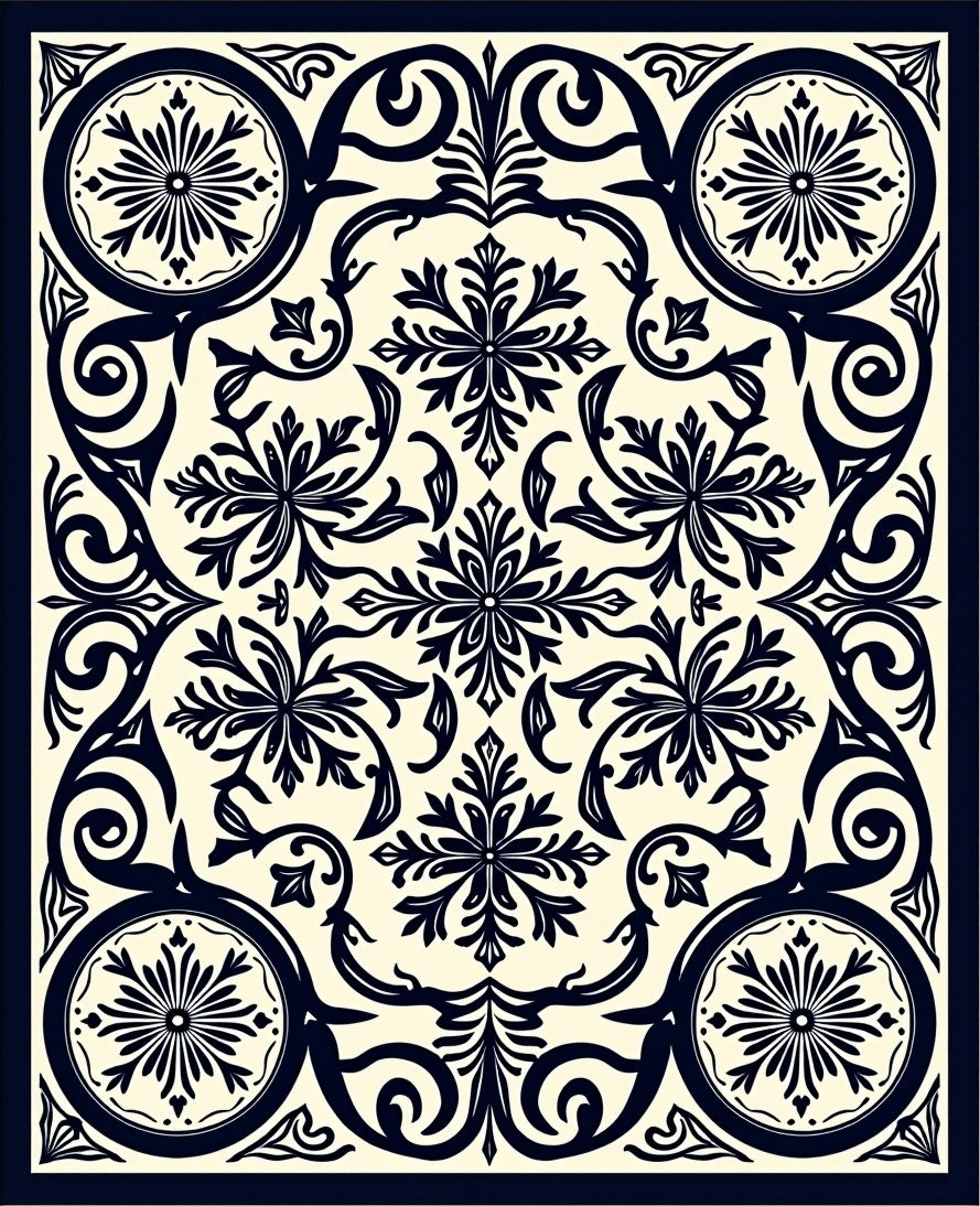 Dark Blue and Cream Scroll Medallion Rug