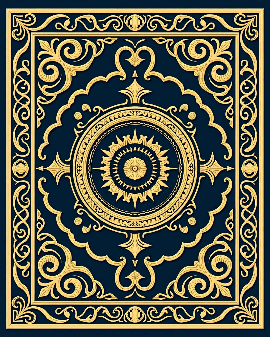 Ornate Golden Sunburst Navy Medallion Rug