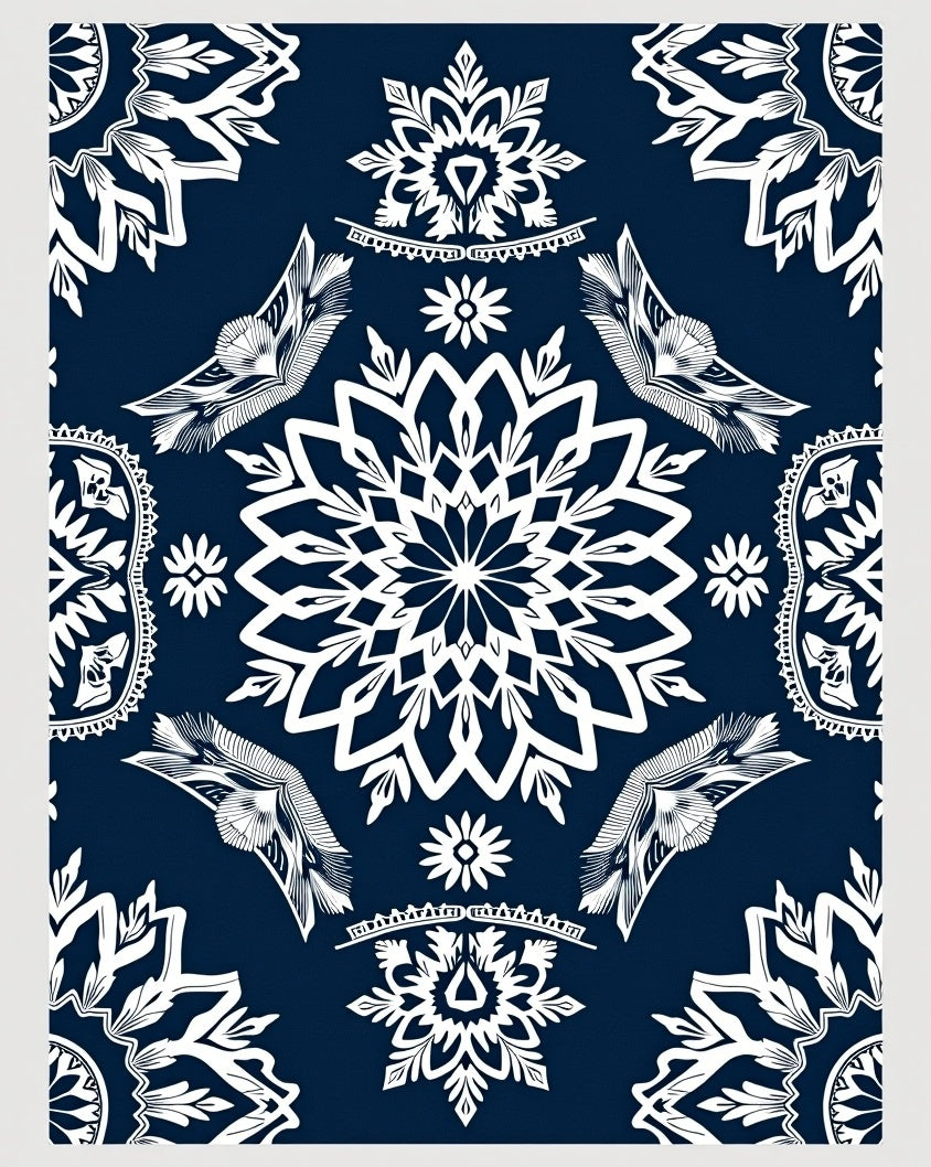 Midnight Navy White Floral Medallion Rug
