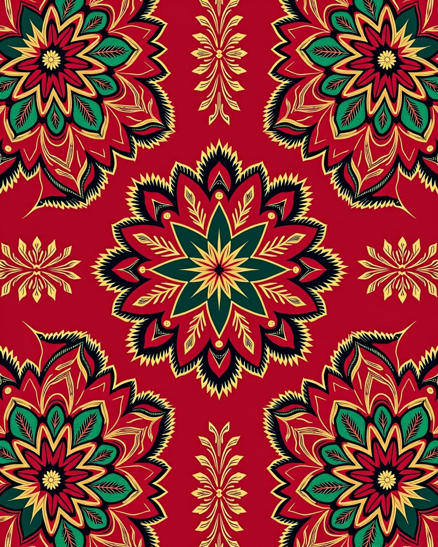 Crimson Emerald Golden Mandala Blooms Rug