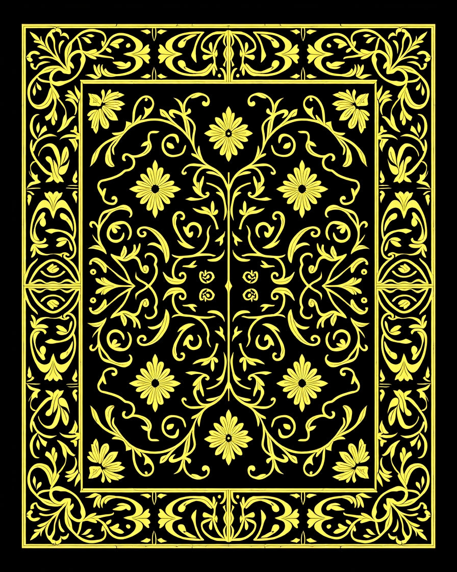 Golden Floral Scroll Border Black Rug