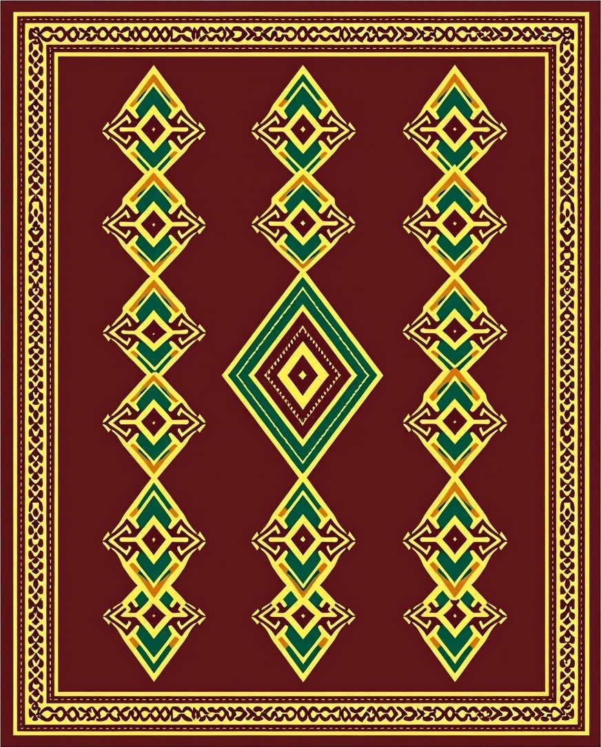 Maroon Emerald Geometric Diamond Medallion Rug