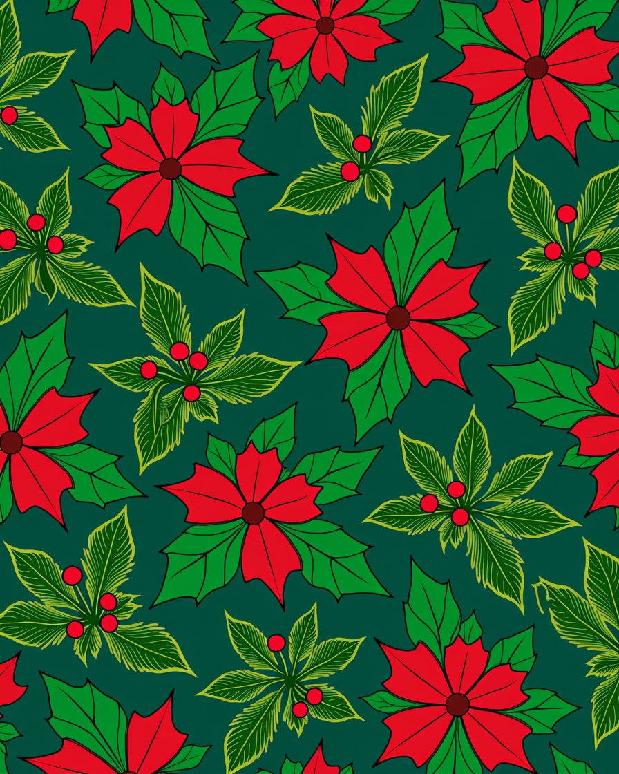 Holiday Red Poinsettia Holly Leaves Rug