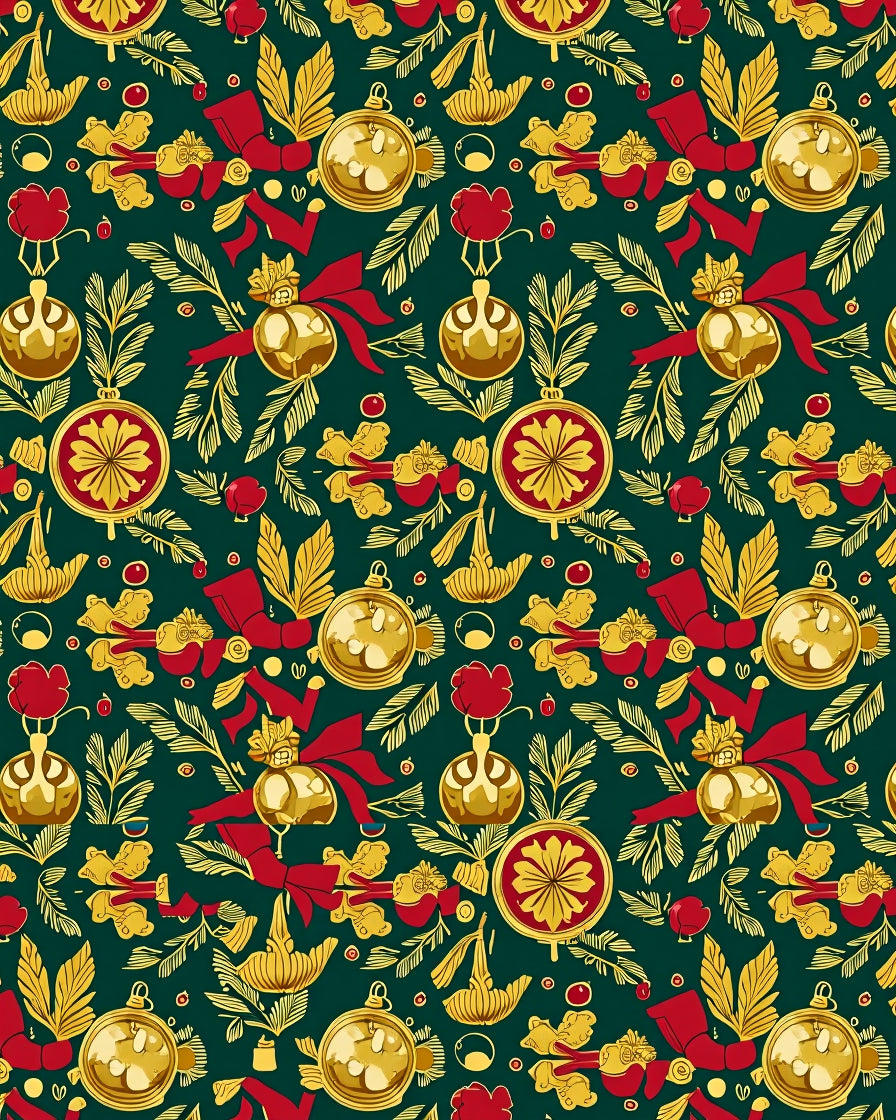 Festive Gold Baubles Red Bows Foliage Rug