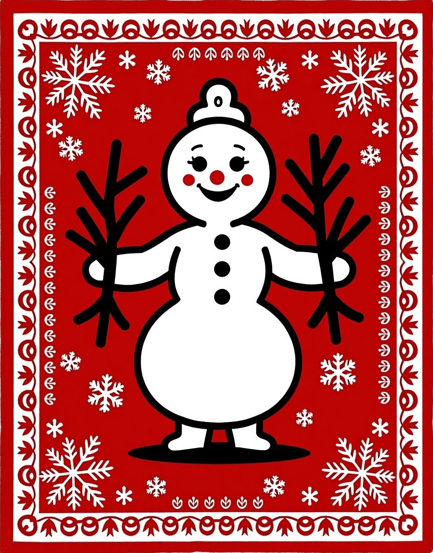 Festive Red Snowman Snowflake Border Rug