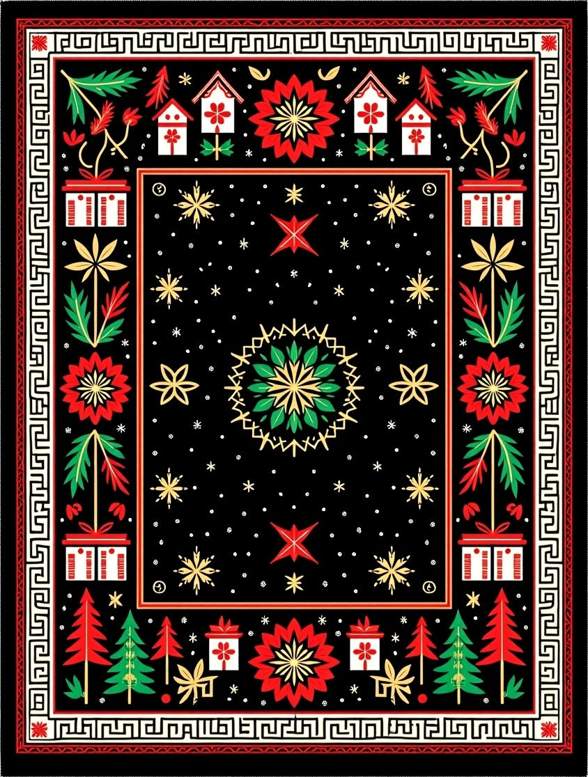 Black Red Green Festive Folk Art Rug