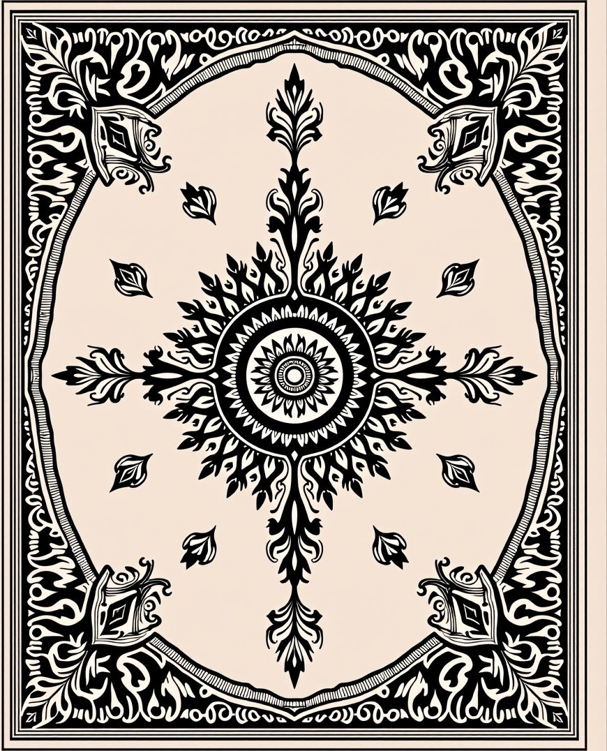 Black Cream Floral Sunburst Medallion Rug