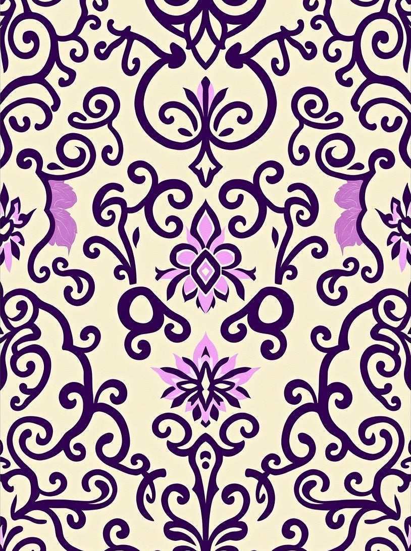 Ornate Purple Floral Scrollwork Rug