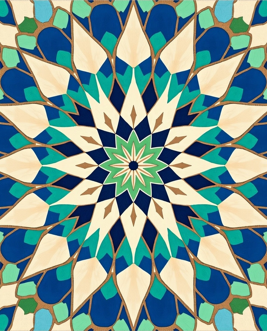 Blue Green Cream Geometric Medallion Rug
