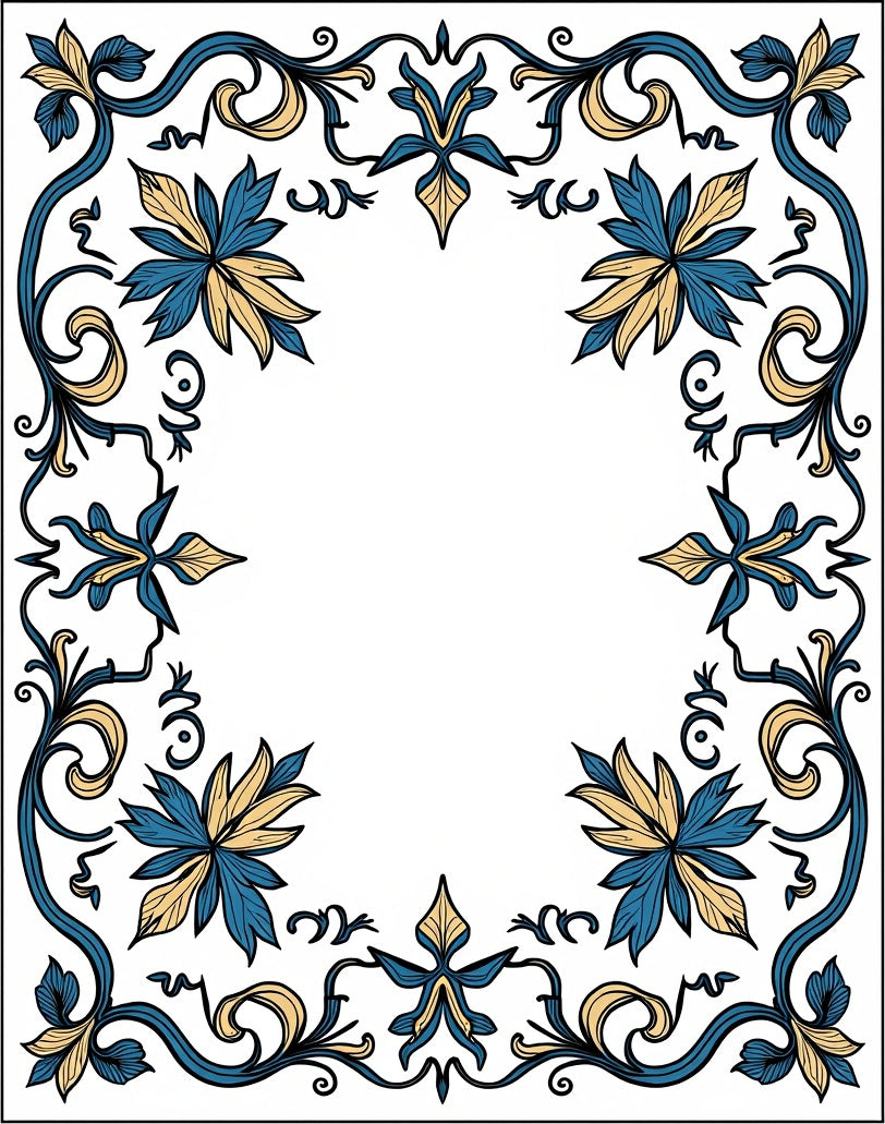 Elegant Teal Gold Floral Filigree Border Rug