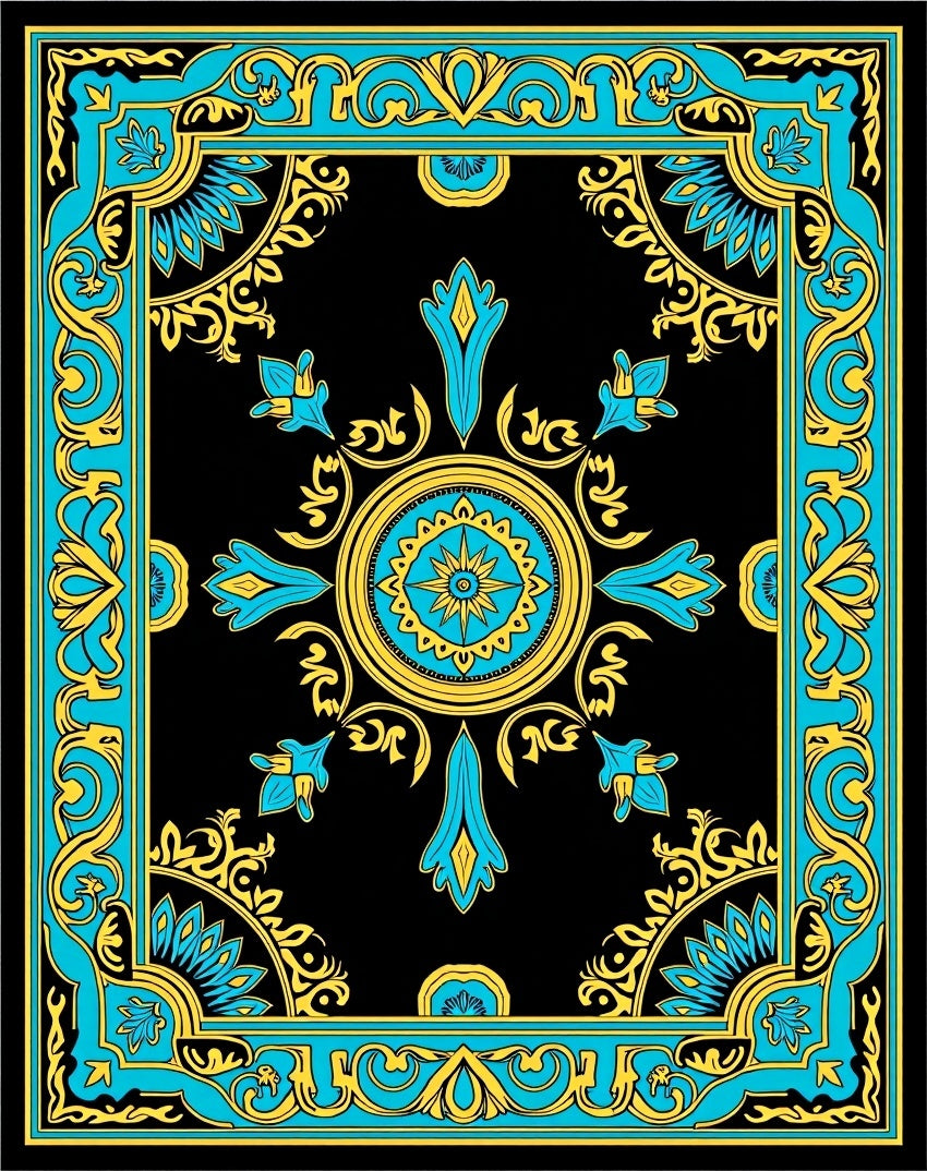 Black and Teal Floral Medallion Rug