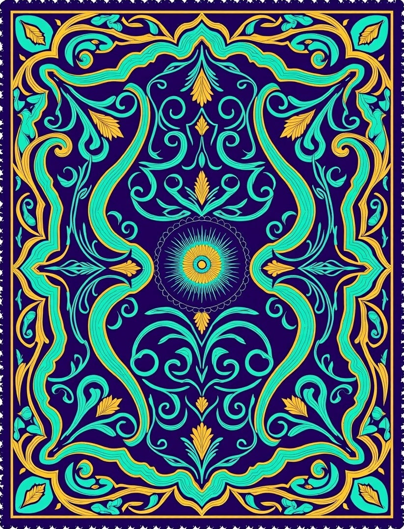 Deep Blue Teal Golden Floral Medallion Rug