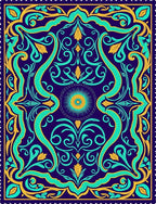 Deep Blue Teal Golden Floral Medallion Rug