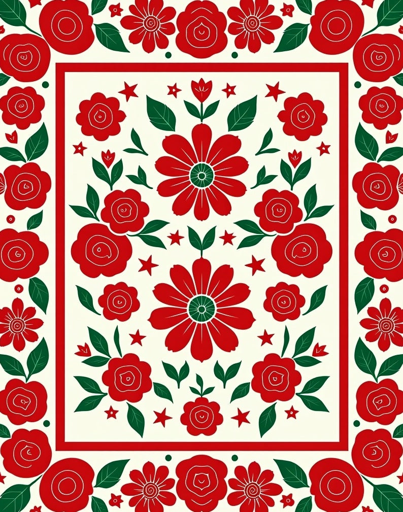 Bold Red Floral Border With Green Accents Rug