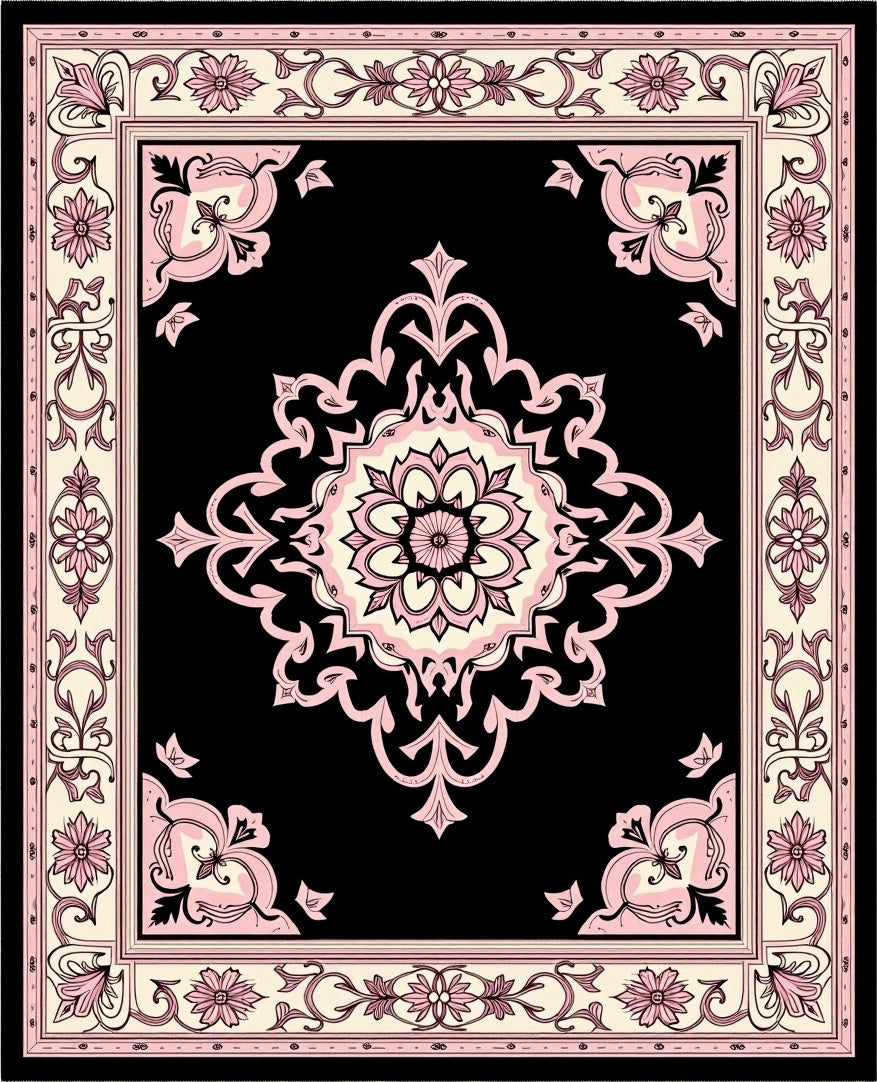 Black Pink Floral Medallion Border Rug