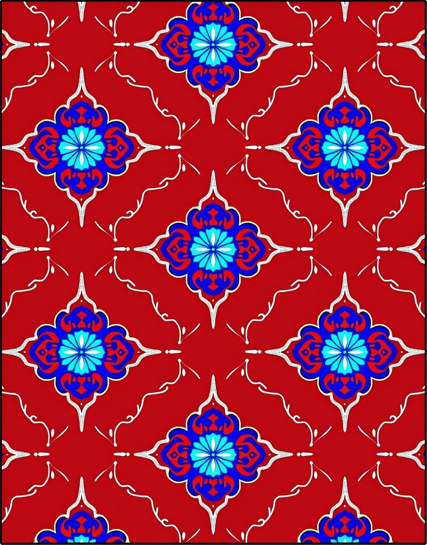 Red Blue Cyan Floral Lattice Rug