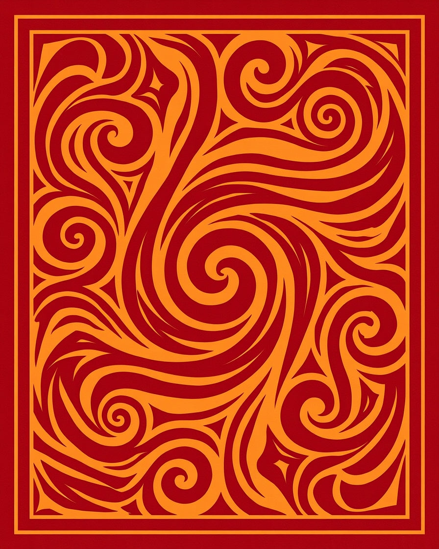 Crimson and Gold Swirling Abstract Rug