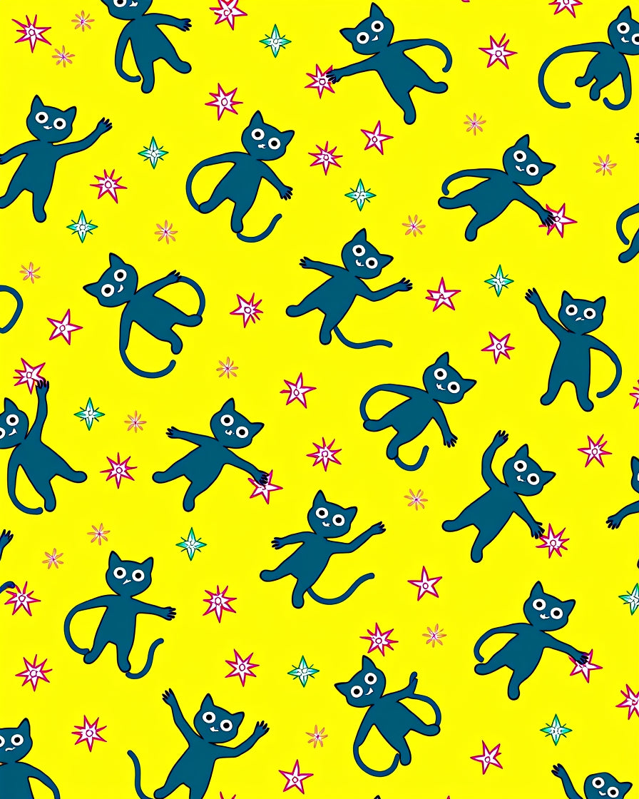 Whimsical Blue Cats Starry Yellow Rug