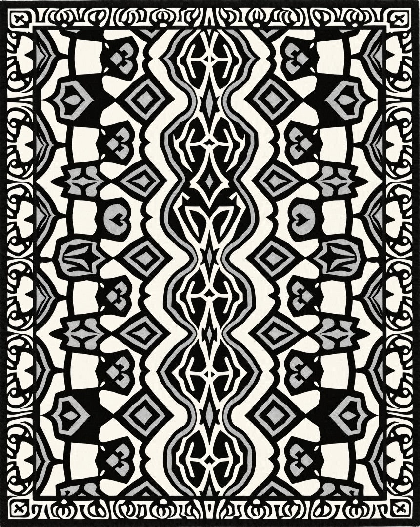 Monochrome Black Gray Geometric Tribal Rug