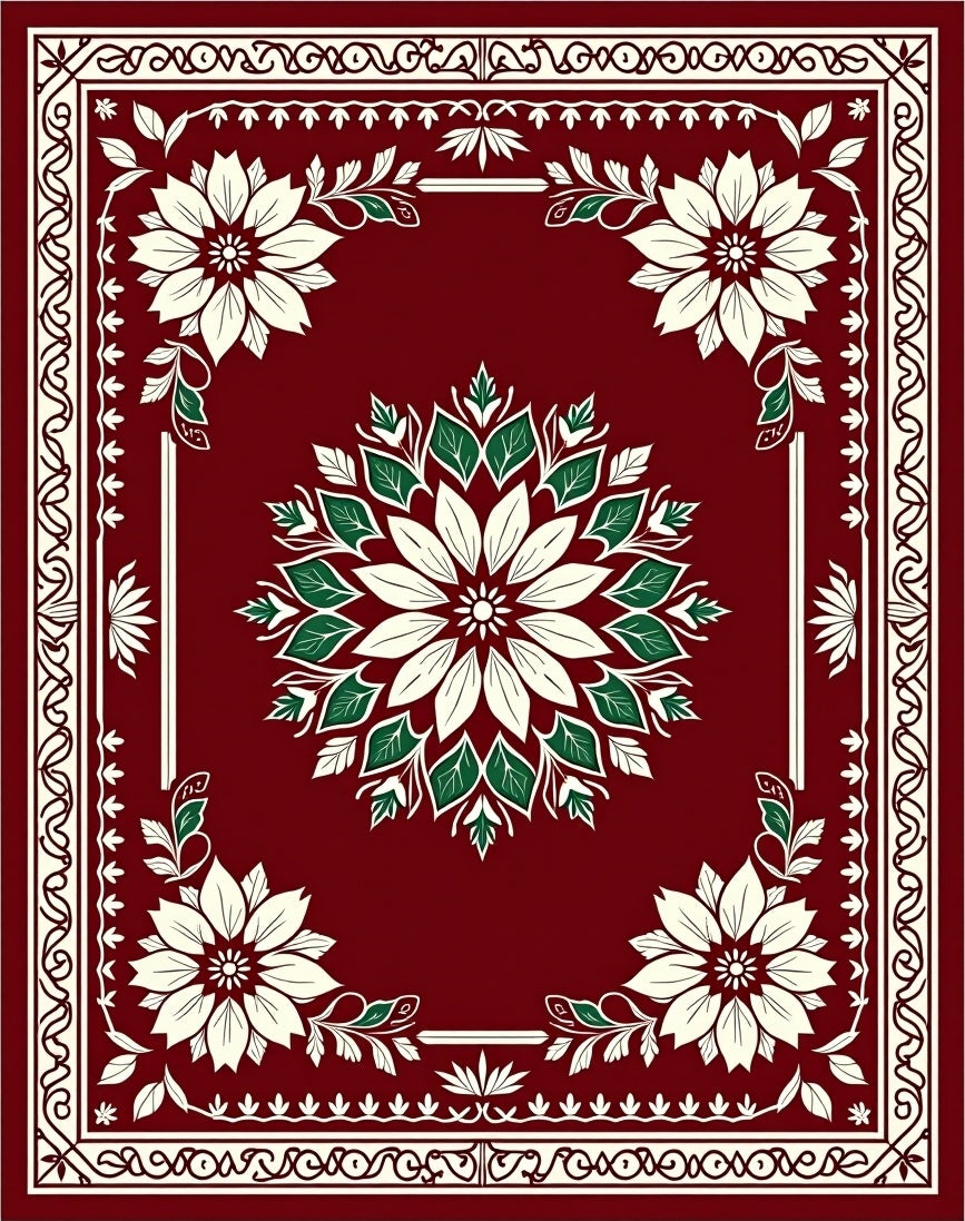 Deep Red Floral Medallion Scroll Rug