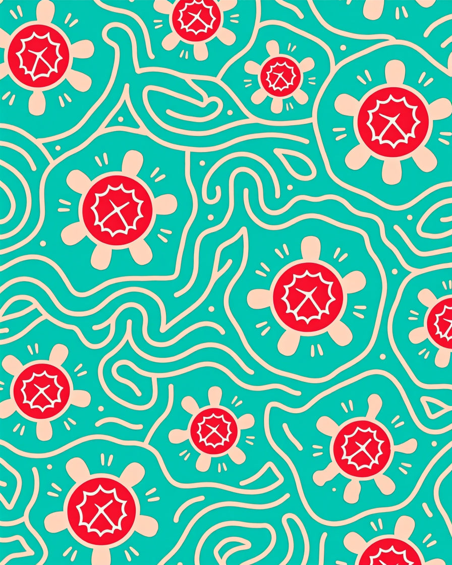 Teal Red Floral Turtle Abstract Rug