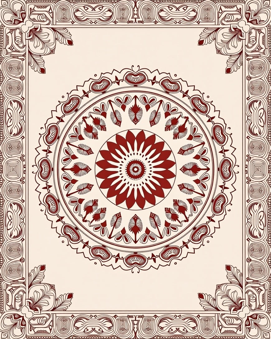 Crimson Sunburst Central Ornament Border Rug