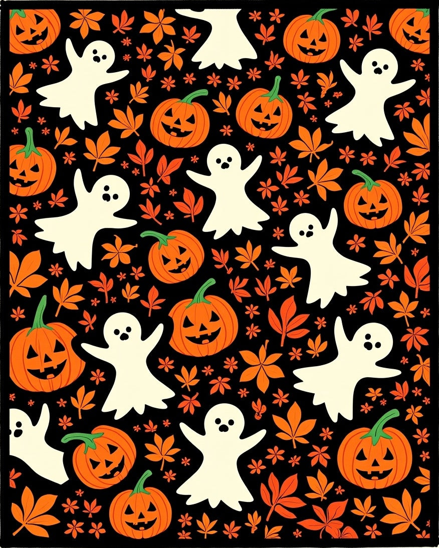 Spooky Ghost Pumpkin Autumn Leaves Rug