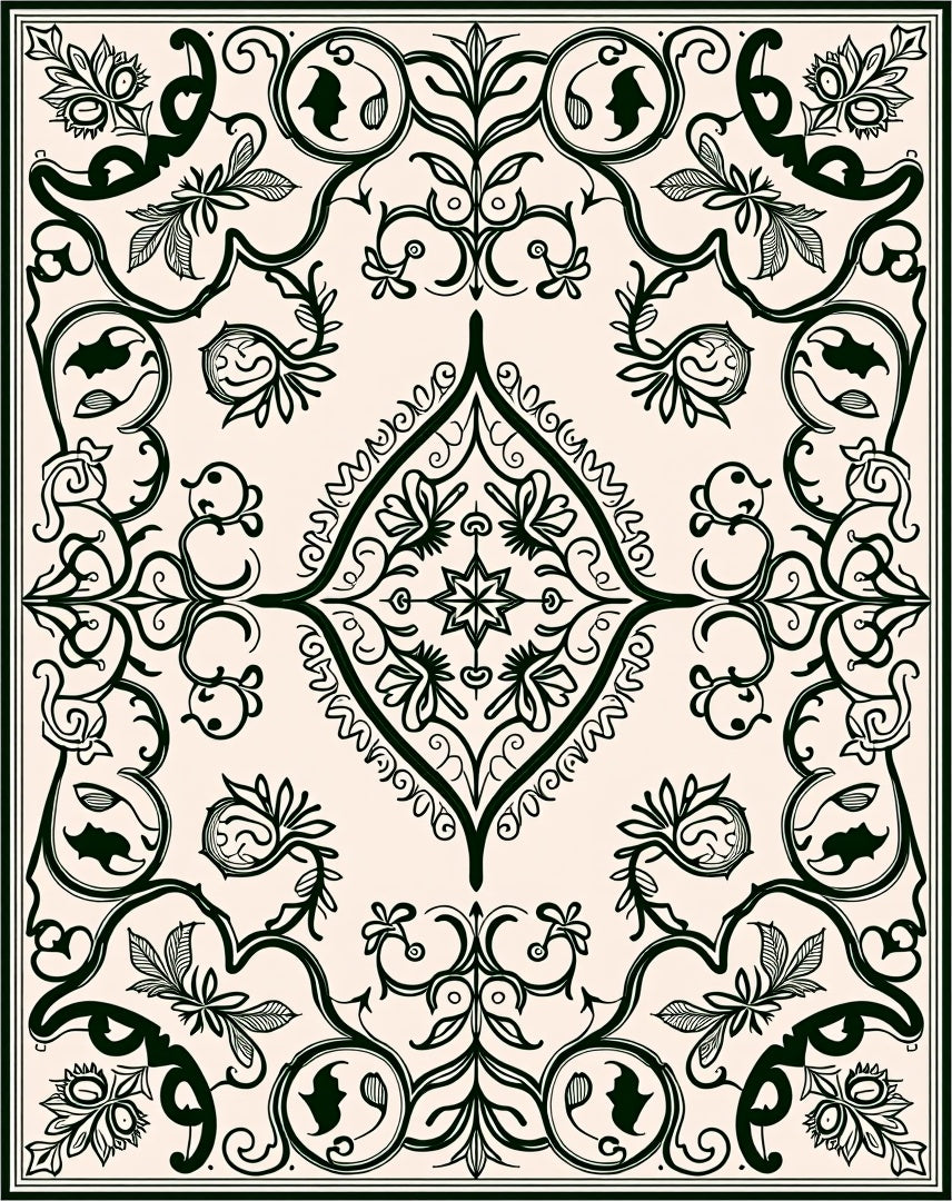 Ornate Dark Green Floral Scroll Rug