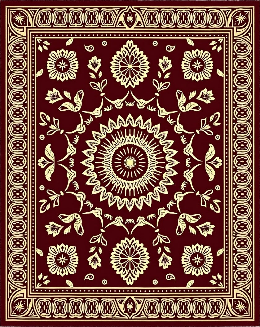 Rich Crimson Floral Mandala Border Rug