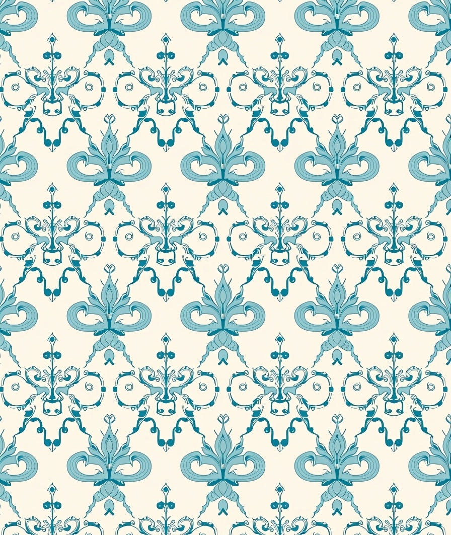 Aqua Fleur-de-lis Damask Fabric Rug