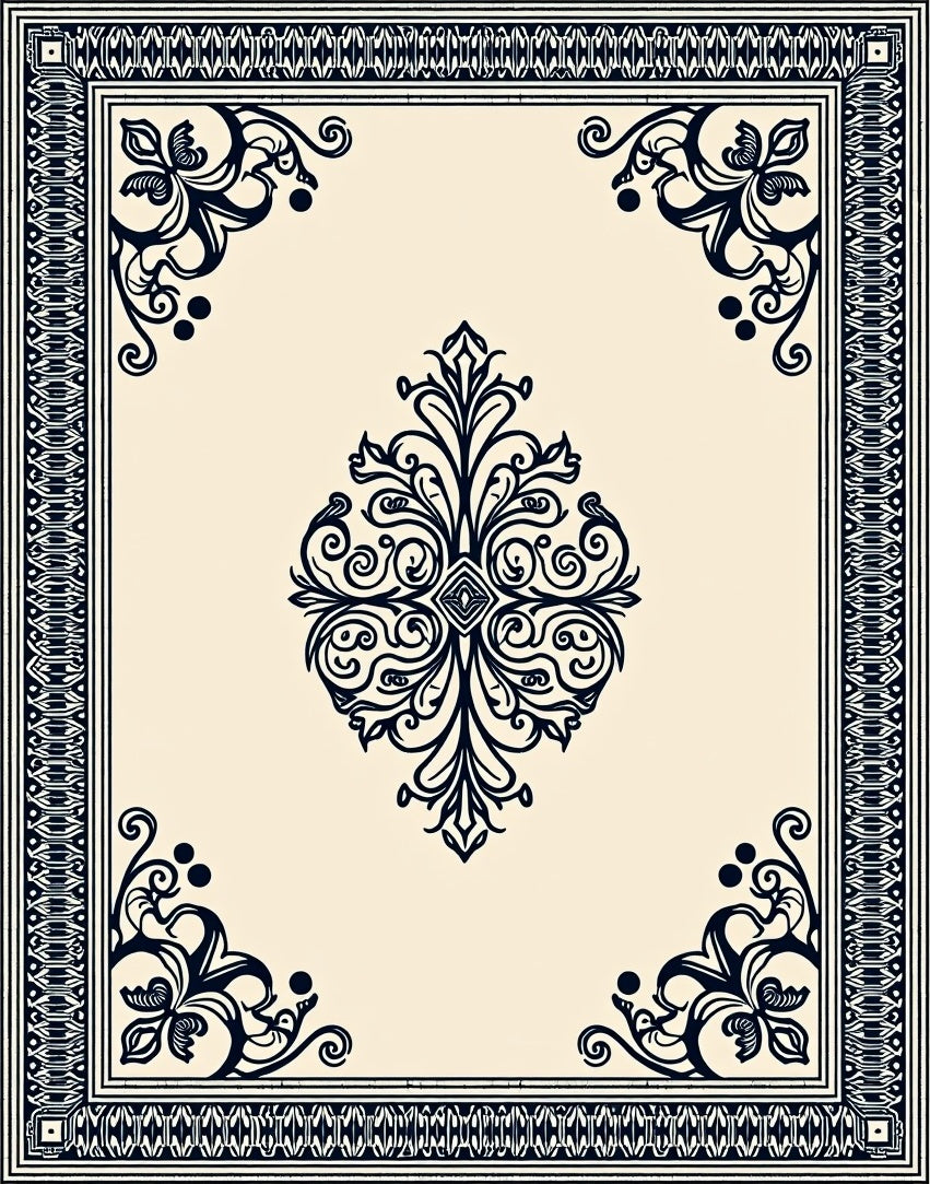Ornate Cream Navy Floral Medallion Rug