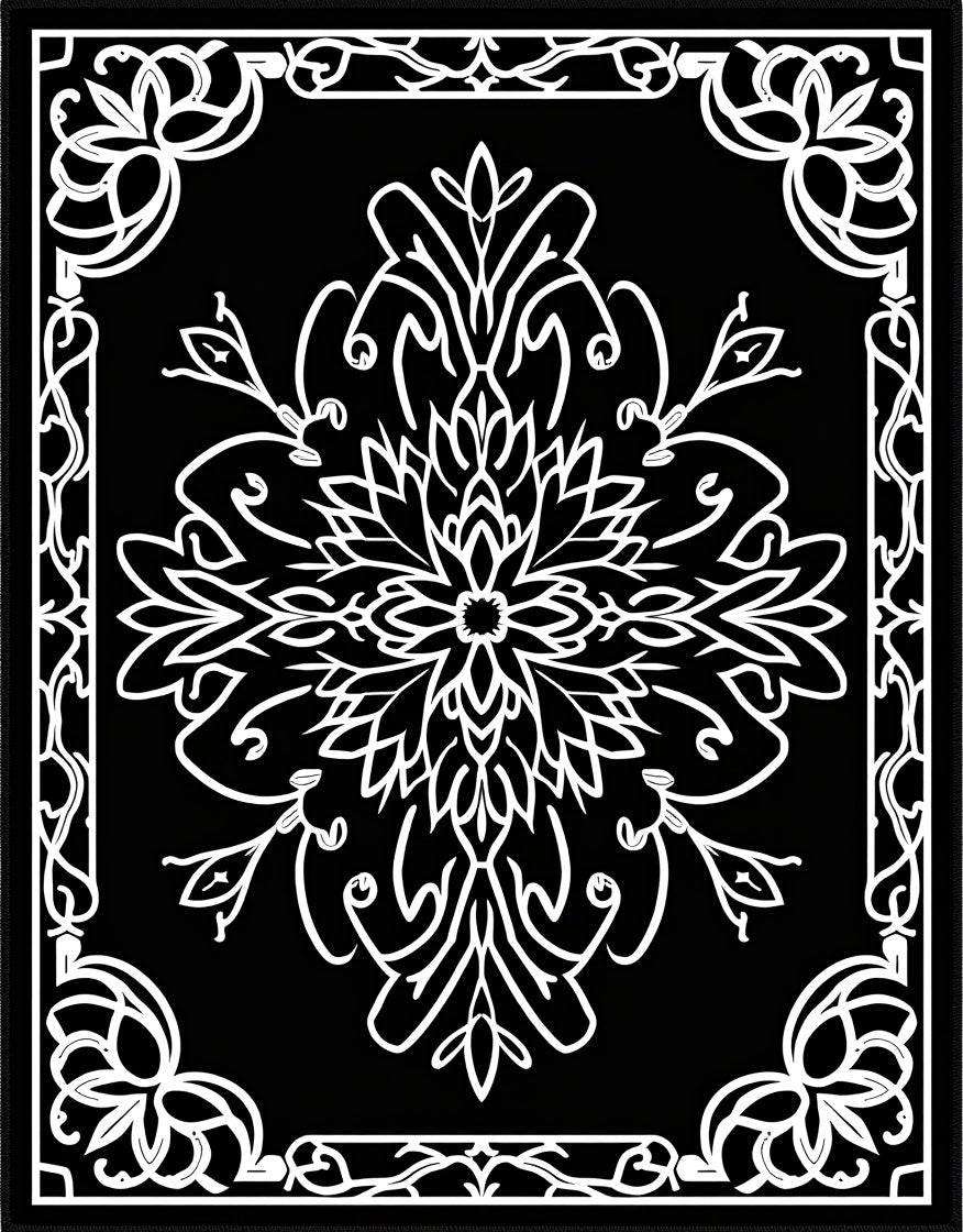 Black White Floral Medallion Corners Rug